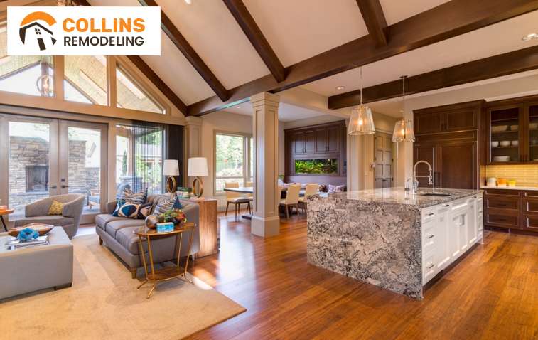 Open concept living room and kitchen design exemplifying elegance in general remodeling