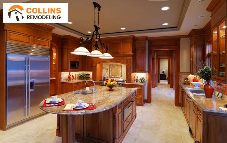 Kitchen with elegant wooden storage cabinets and spacious layout
