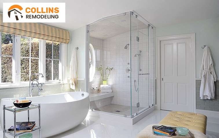 Luxurious bathroom featuring a stylish bathtub, glass shower enclosure, and spa bed.