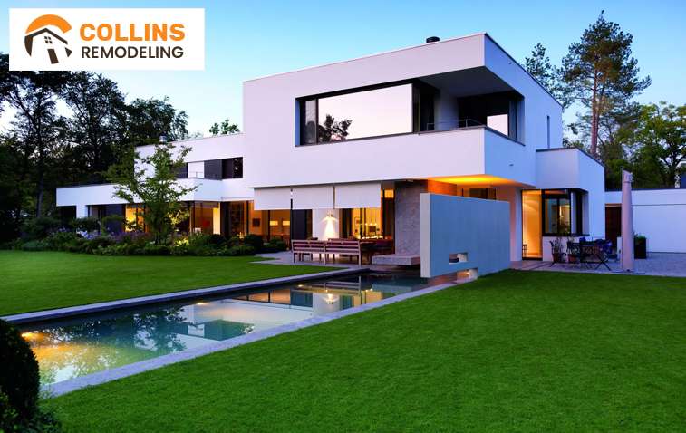 Two-story modern house with beautiful architecture and a landscaped backyard.