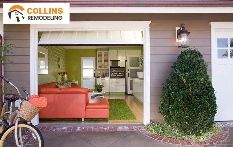 Spacious garage converted into a cozy living room with comfortable furnishings.