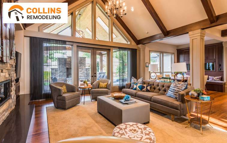 Cozy open concept living room with dining area