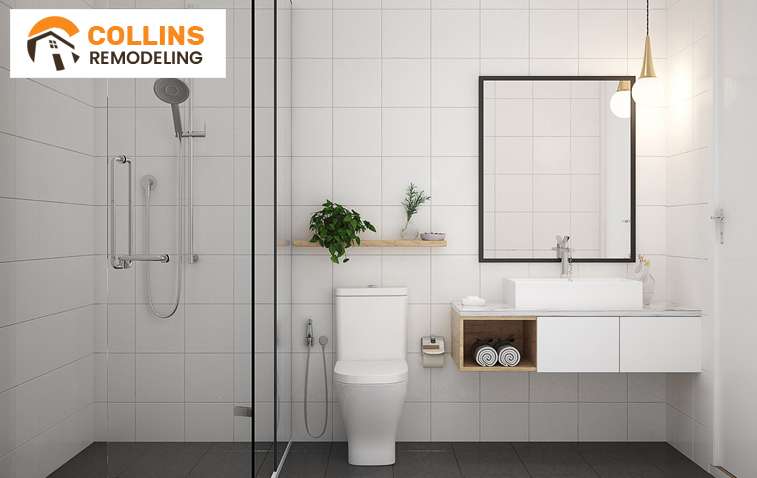 Sleek white bathroom design with floating vanity and shower area