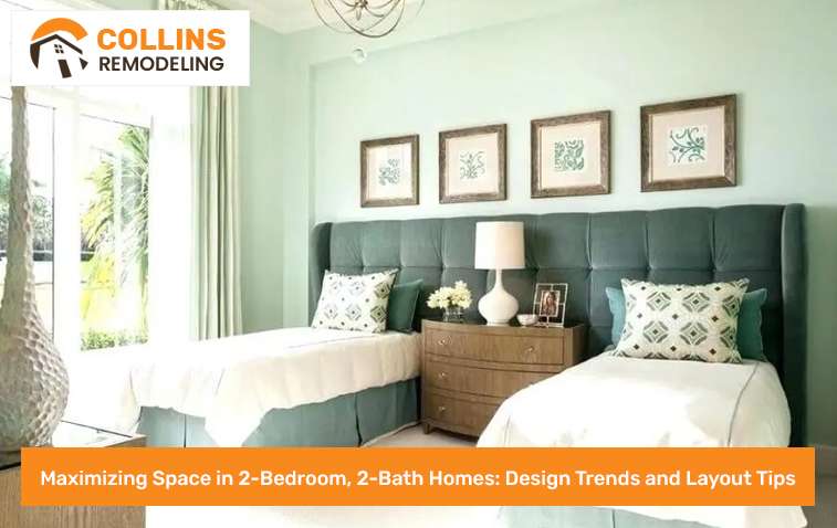 Stylish bedroom room layout in a 2-bedroom, 2-bath home showcasing space-saving furniture and design trends.